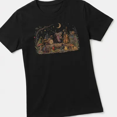 Whimsical illustration of bugs playing musical instruments in vibrant colors — printed on a women's shirt