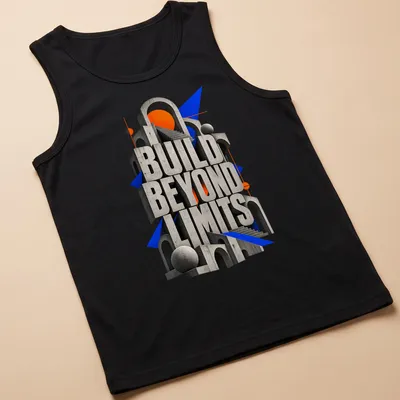 3D typography t-shirt with the phrase Build Beyond Limits in Brutalist style — printed on a tank top