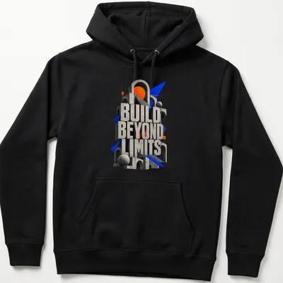 3D typography t-shirt with the phrase Build Beyond Limits in Brutalist style — printed on a unisex hoodie