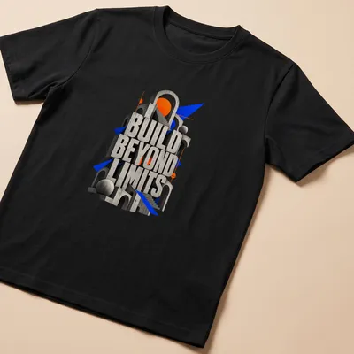 3D typography t-shirt with the phrase Build Beyond Limits in Brutalist style
