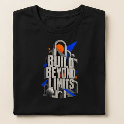 3D typography t-shirt with the phrase Build Beyond Limits in Brutalist style — printed on a women's shirt