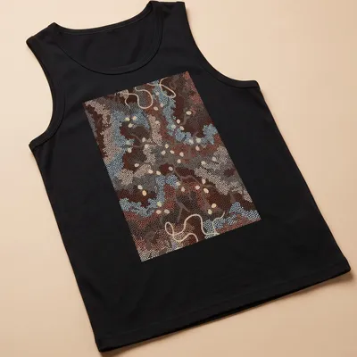 Abstract nature patterns in dot painting style with 'Bush Tucker Dreaming' text. — printed on a tank top