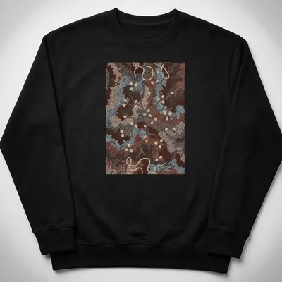 Abstract nature patterns in dot painting style with 'Bush Tucker Dreaming' text. — printed on a unisex sweatshirt