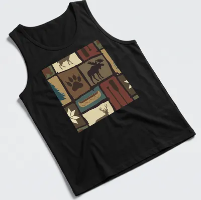 Patchwork design featuring a moose, trees, and nature elements in earthy colors — printed on a tank top