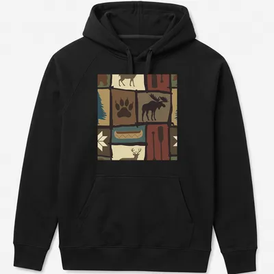 Patchwork design featuring a moose, trees, and nature elements in earthy colors — printed on a unisex hoodie