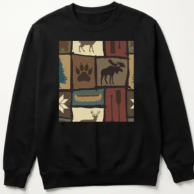 Patchwork design featuring a moose, trees, and nature elements in earthy colors — printed on a unisex sweatshirt