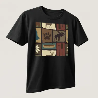 Patchwork design featuring a moose, trees, and nature elements in earthy colors — printed on a unisex t-shirt (angled view)