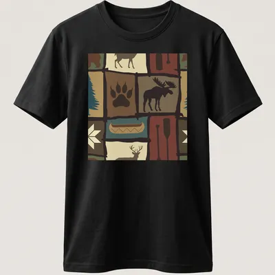 Patchwork design featuring a moose, trees, and nature elements in earthy colors
