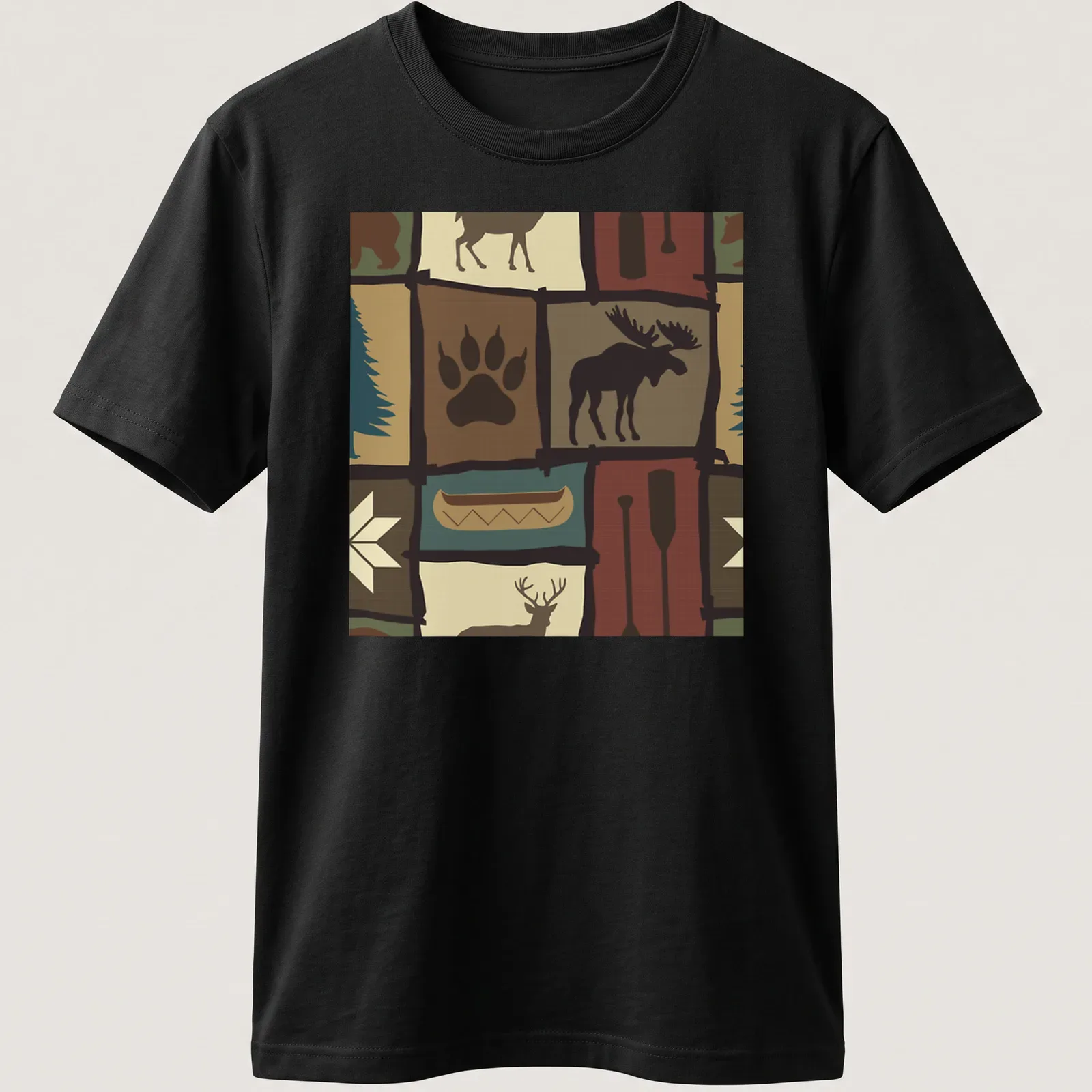 Patchwork design featuring a moose, trees, and nature elements in earthy colors — printed on a unisex t-shirt