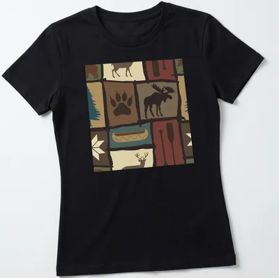 Patchwork design featuring a moose, trees, and nature elements in earthy colors — printed on a women's shirt