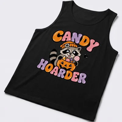 Kawaii cartoon raccoon with pumpkin basket and candy in orange, purple, and pink — printed on a tank top
