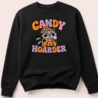Kawaii cartoon raccoon with pumpkin basket and candy in orange, purple, and pink — printed on a unisex sweatshirt