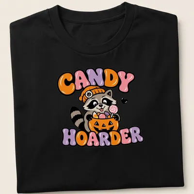 Kawaii cartoon raccoon with pumpkin basket and candy in orange, purple, and pink