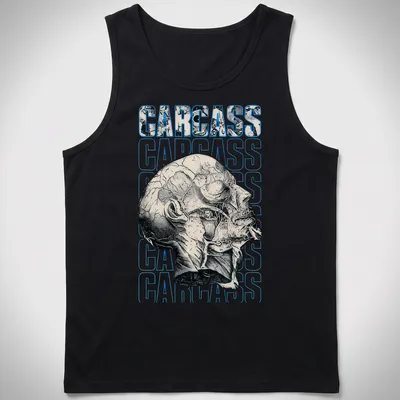 Illustrative skull design with the word CARCASS in bold lettering, featuring black, white, and blue colors. — printed on a tank top