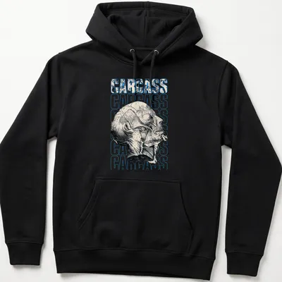 Illustrative skull design with the word CARCASS in bold lettering, featuring black, white, and blue colors. — printed on a unisex hoodie