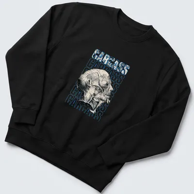 Illustrative skull design with the word CARCASS in bold lettering, featuring black, white, and blue colors. — printed on a unisex sweatshirt