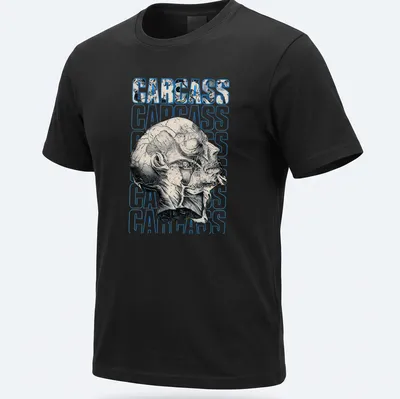 Illustrative skull design with the word CARCASS in bold lettering, featuring black, white, and blue colors.