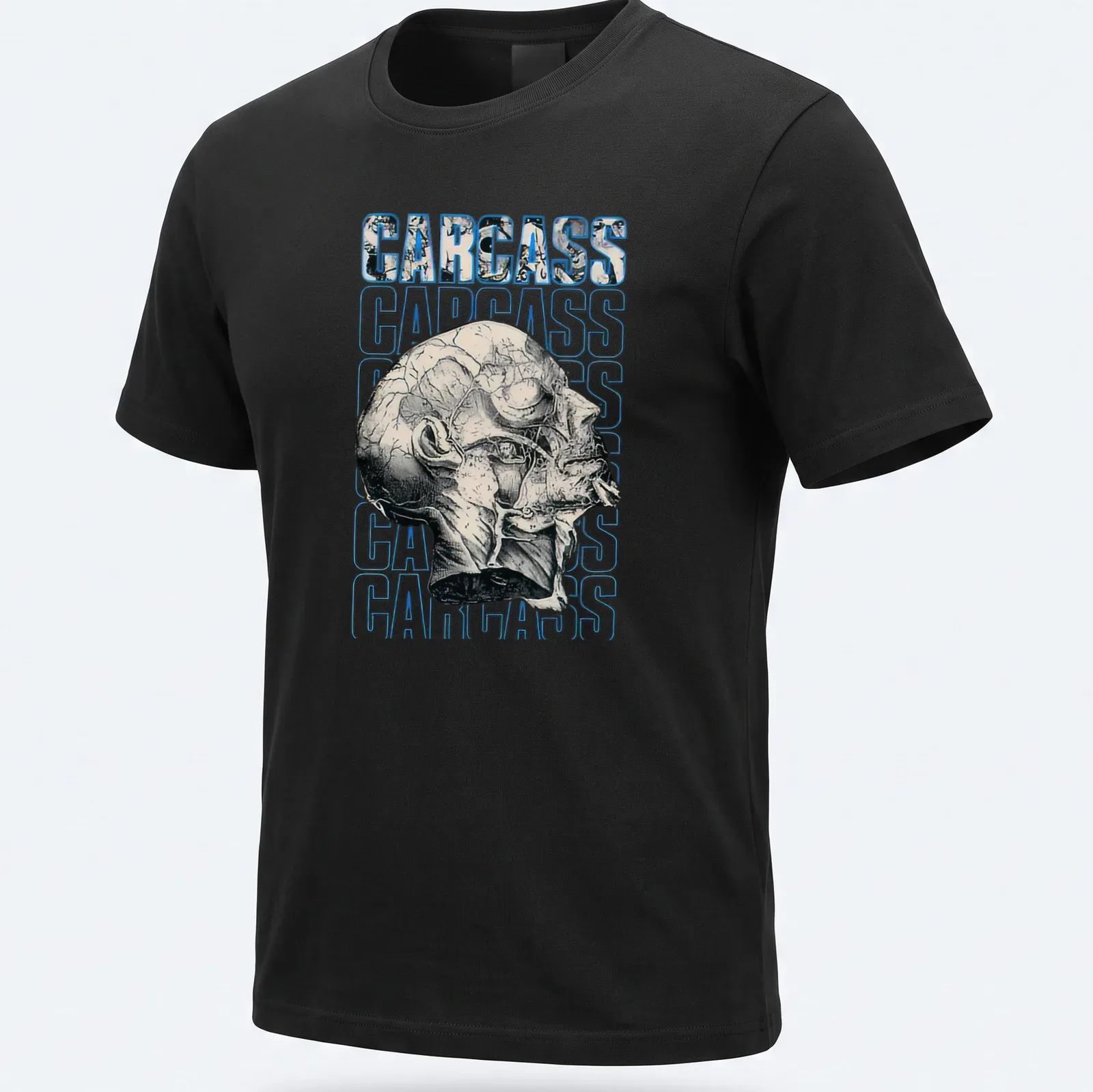 Illustrative skull design with the word CARCASS in bold lettering, featuring black, white, and blue colors. — printed on a unisex t-shirt