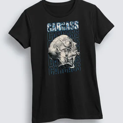 Illustrative skull design with the word CARCASS in bold lettering, featuring black, white, and blue colors. — printed on a women's shirt