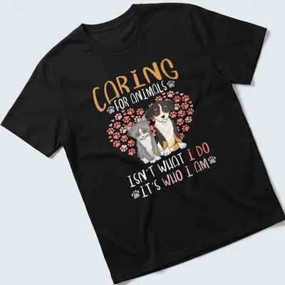 Illustrative design featuring a gray cat and dog with a heartfelt message on caring for animals
