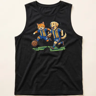 Vintage cartoon design of a cat and dog playing soccer in vibrant colors — printed on a tank top