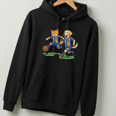 Vintage cartoon design of a cat and dog playing soccer in vibrant colors — printed on a unisex hoodie