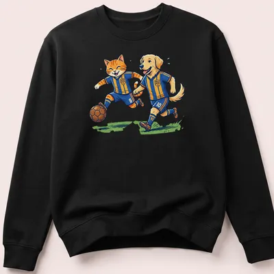Vintage cartoon design of a cat and dog playing soccer in vibrant colors — printed on a unisex sweatshirt