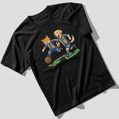 Vintage cartoon design of a cat and dog playing soccer in vibrant colors
