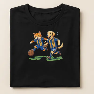 Vintage cartoon design of a cat and dog playing soccer in vibrant colors — printed on a women's shirt