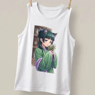 Anime-style catgirl surrounded by herbs in a botanical garden setting — printed on a tank top