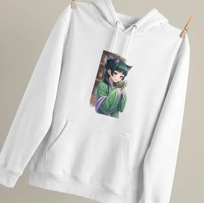Anime-style catgirl surrounded by herbs in a botanical garden setting — printed on a unisex hoodie