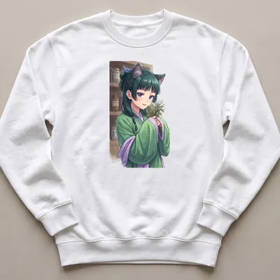Anime-style catgirl surrounded by herbs in a botanical garden setting — printed on a unisex sweatshirt