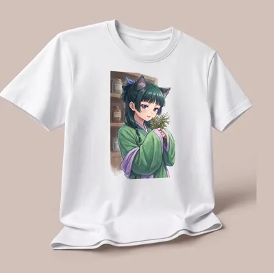 Anime-style catgirl surrounded by herbs in a botanical garden setting — printed on a unisex t-shirt (angled view)