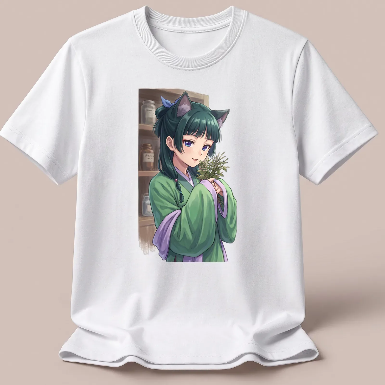 Anime-style catgirl surrounded by herbs in a botanical garden setting — printed on a unisex t-shirt