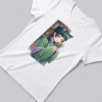 Anime-style catgirl surrounded by herbs in a botanical garden setting — printed on a women's shirt