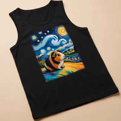 Whimsical guinea pig in Van Gogh style against a starry sky backdrop. — printed on a tank top