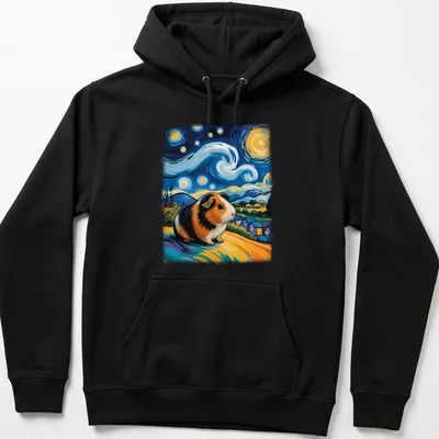 Whimsical guinea pig in Van Gogh style against a starry sky backdrop. — printed on a unisex hoodie
