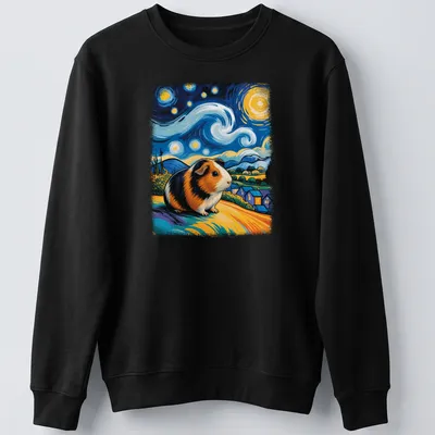 Whimsical guinea pig in Van Gogh style against a starry sky backdrop. — printed on a unisex sweatshirt