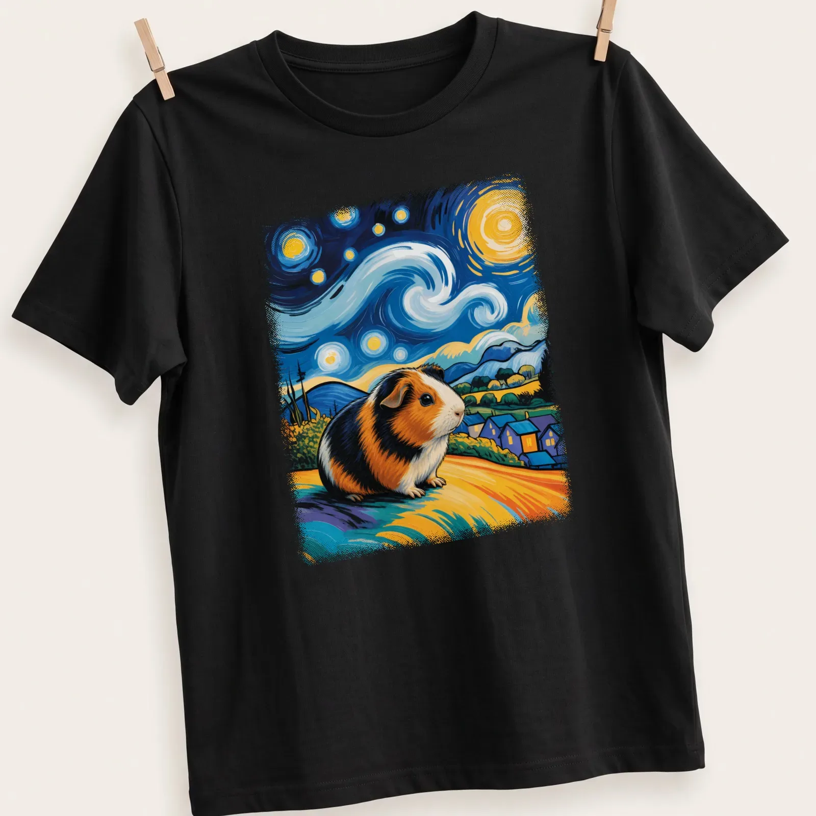 Whimsical guinea pig in Van Gogh style against a starry sky backdrop. — printed on a unisex t-shirt