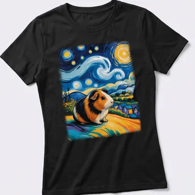 Whimsical guinea pig in Van Gogh style against a starry sky backdrop. — printed on a women's shirt