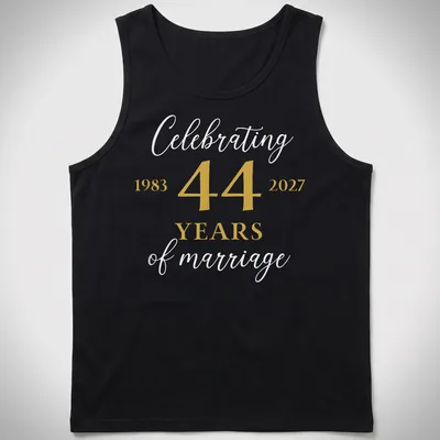 Elegant anniversary t-shirt celebrating 44 years of marriage in gold and gray — printed on a tank top