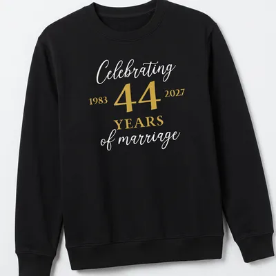 Elegant anniversary t-shirt celebrating 44 years of marriage in gold and gray — printed on a unisex sweatshirt