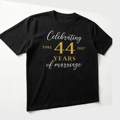 Elegant anniversary t-shirt celebrating 44 years of marriage in gold and gray — printed on a unisex t-shirt (angled view)
