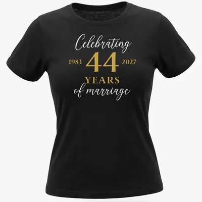 Elegant anniversary t-shirt celebrating 44 years of marriage in gold and gray — printed on a women's shirt