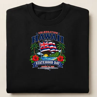 Hawaiian flag design with vibrant retro text celebrating statehood — printed on a unisex sweatshirt