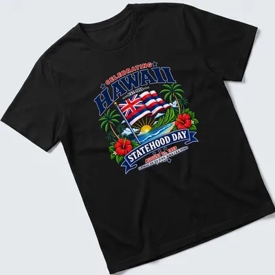 Hawaiian flag design with vibrant retro text celebrating statehood