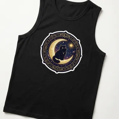 Illustrative design of a black cat sitting on a crescent moon against a starry background — printed on a tank top