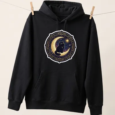Illustrative design of a black cat sitting on a crescent moon against a starry background — printed on a unisex hoodie