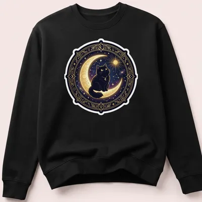 Illustrative design of a black cat sitting on a crescent moon against a starry background — printed on a unisex sweatshirt