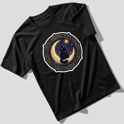 Illustrative design of a black cat sitting on a crescent moon against a starry background